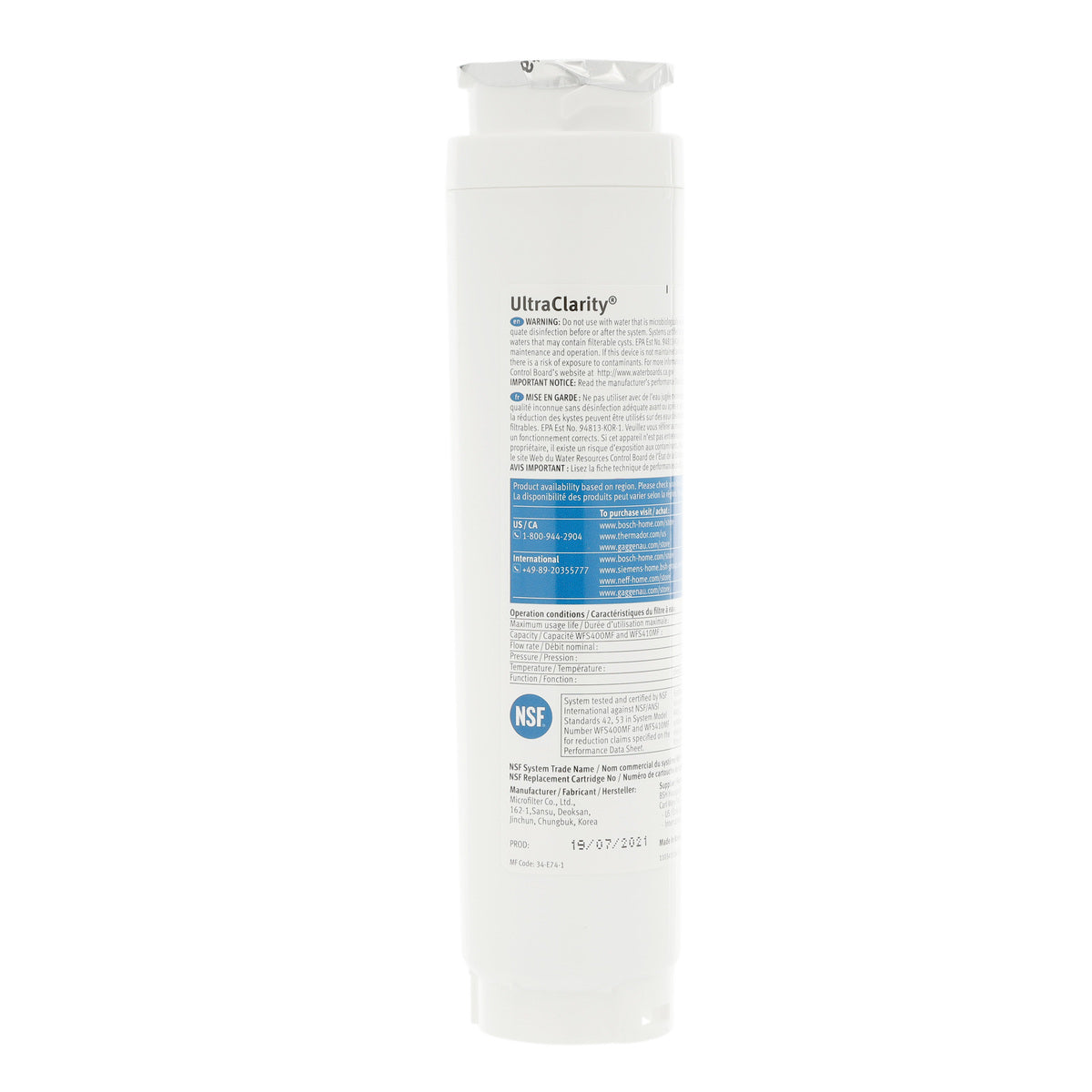 11034152 Bosch UltraClarity Refrigerator Water Filter, BORPLFTR10, RA450010, REPLFLTR10-1