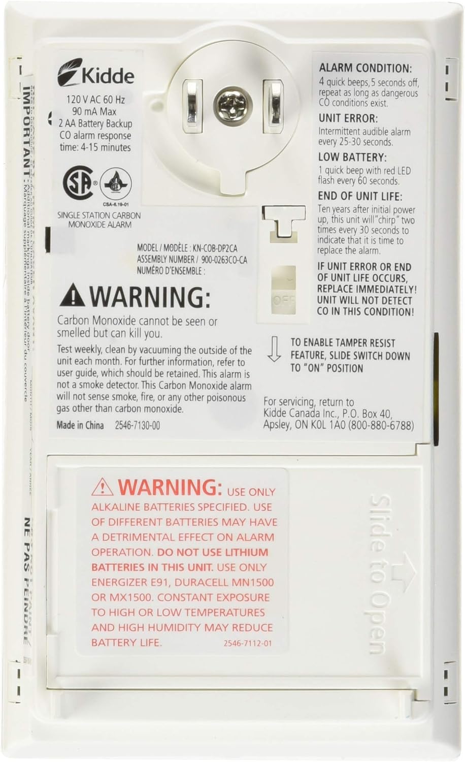 Kidde 900‑0263CO‑CA Plug‑In Carbon Monoxide Alarm