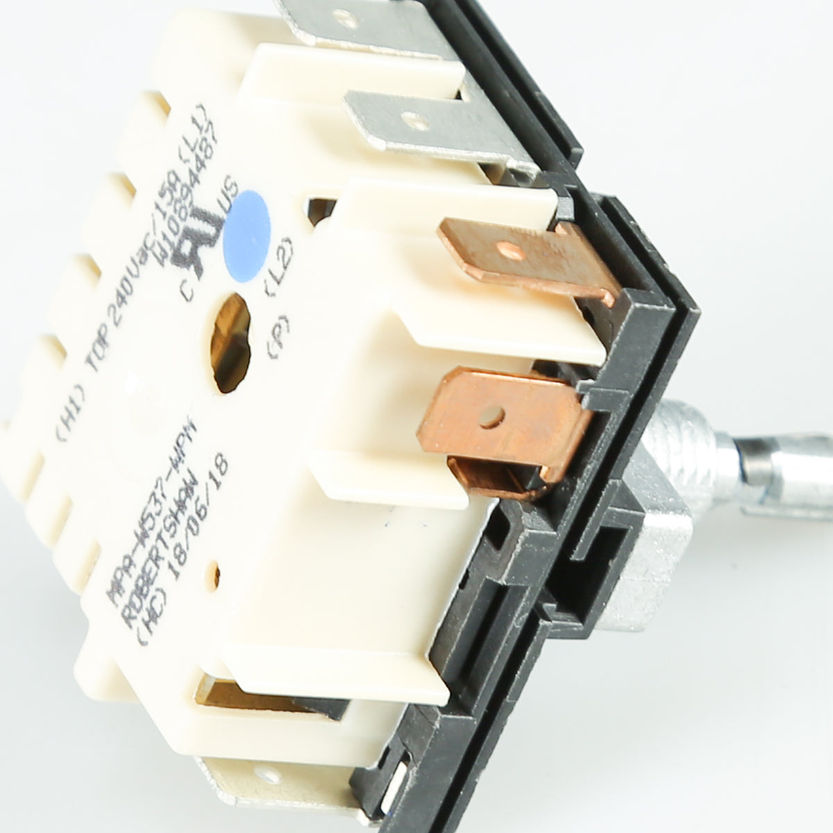 Close-up of W11120795 Infinite Switch for Whirlpool Range Cooktop with text and markings on a white background