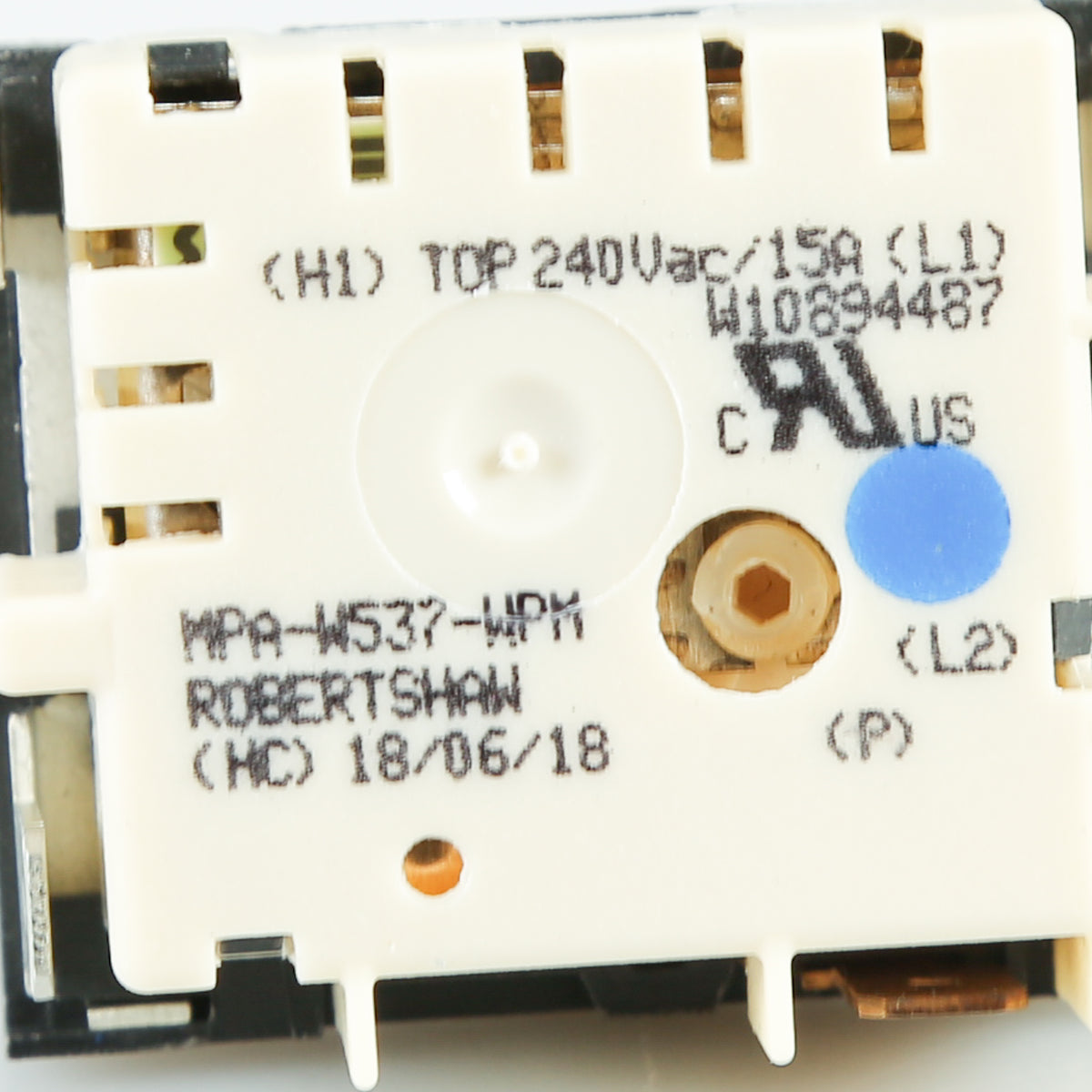Close-up of W11120795 Infinite Switch for Whirlpool Range Cooktop with printed technical specifications and a blue circle marking on its side.